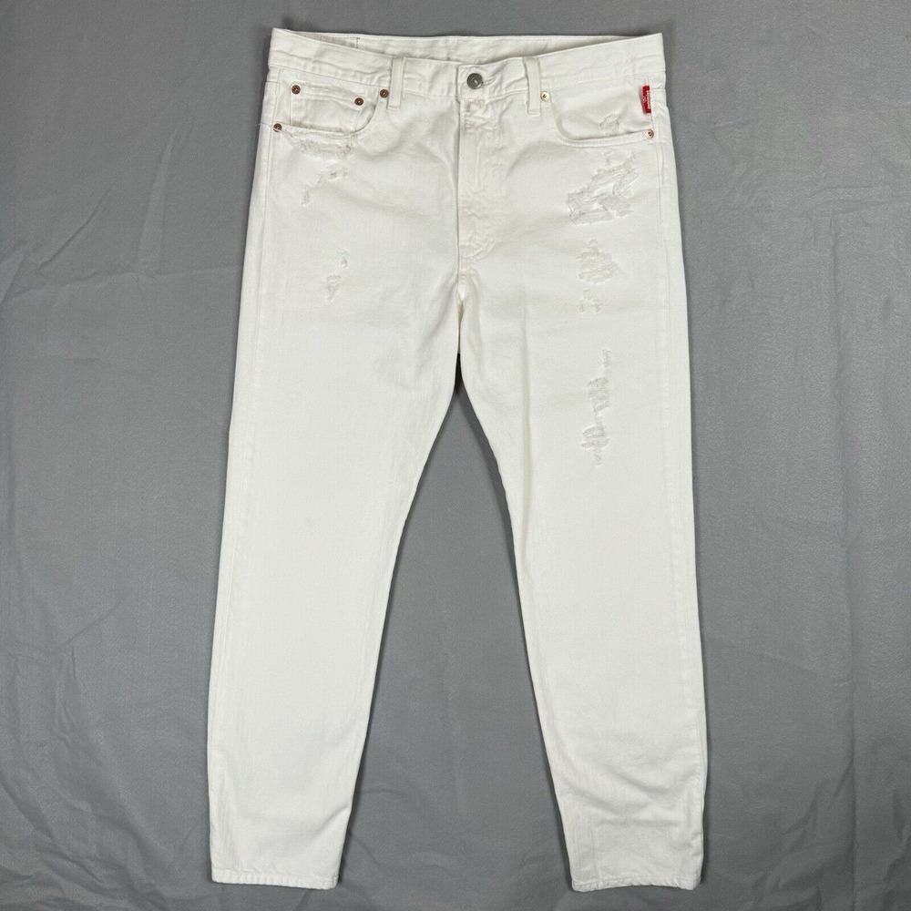 Denimist High Rise Distressed White Jeans Size 32 Pleated Ankle Hem R-132018‎